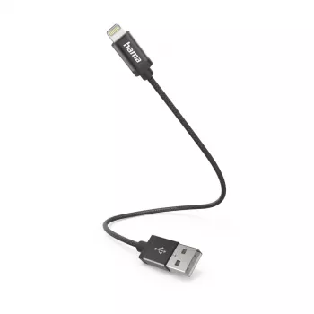 Hama uzlādes kabelis, USB-A - Lightning, 0,2 m, neilons, melns