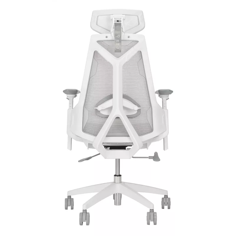 PC spēļu krēsls Asus ROG Destrier Ergo Core balta — sieta sēdeklis, maks. slodze 136 kg, platums 720 mm, dziļums 840 mm, augstums 129–137,5 cm