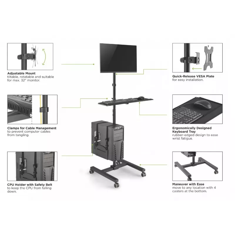 Multivides ratiņi Equip 17 collu–32 collu viena monitora mobilā darbstacija