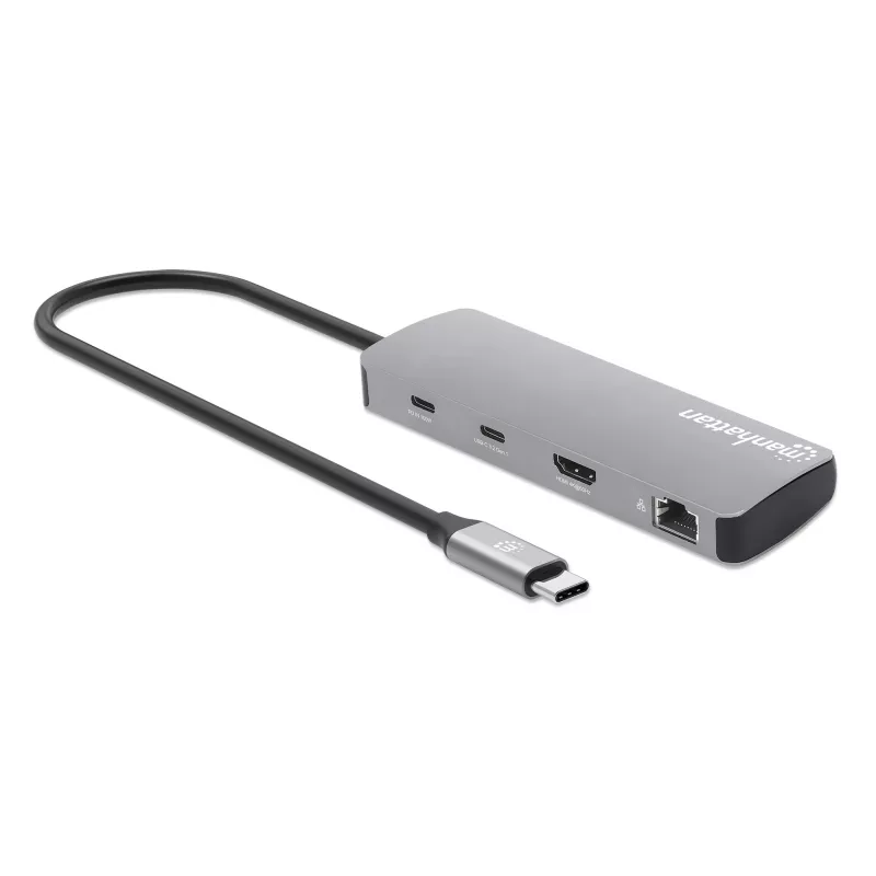 Manhattan USB-C dokstacija/rumbis ar karšu lasītāju, pieslēgvietas (7): Ethernet, HDMI, USB-A (3) un USB-C (2), ar Power Delivery (PD) 100 W – nepieciešams ārējs USB-C lādētājs (nav iekļauts). Darbināms ar USB (nav nepieciešams ārējs barošanas avots), ja PD netiek izmantots