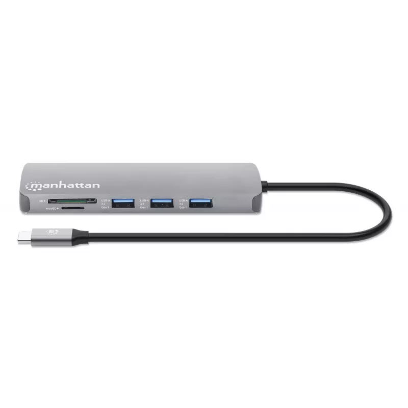 Manhattan USB-C dokstacija/rumbis ar karšu lasītāju, pieslēgvietas (7): Ethernet, HDMI, USB-A (3) un USB-C (2), ar Power Delivery (PD) 100 W – nepieciešams ārējs USB-C lādētājs (nav iekļauts). Darbināms ar USB (nav nepieciešams ārējs barošanas avots), ja PD netiek izmantots