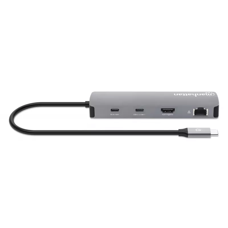 Manhattan USB-C dokstacija/rumbis ar karšu lasītāju, pieslēgvietas (7): Ethernet, HDMI, USB-A (3) un USB-C (2), ar Power Delivery (PD) 100 W – nepieciešams ārējs USB-C lādētājs (nav iekļauts). Darbināms ar USB (nav nepieciešams ārējs barošanas avots), ja PD netiek izmantots