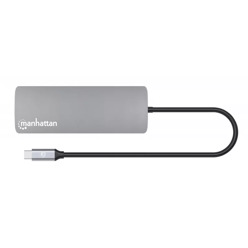 Manhattan USB-C dokstacija/rumbis ar karšu lasītāju, pieslēgvietas (7): Ethernet, HDMI, USB-A (3) un USB-C (2), ar Power Delivery (PD) 100 W – nepieciešams ārējs USB-C lādētājs (nav iekļauts). Darbināms ar USB (nav nepieciešams ārējs barošanas avots), ja PD netiek izmantots