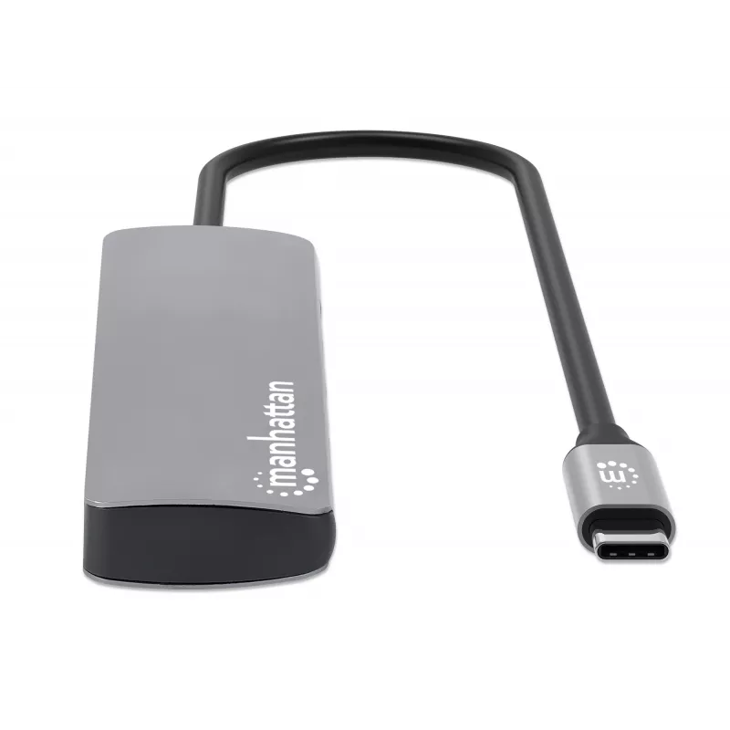Manhattan USB-C dokstacija/rumbis ar karšu lasītāju, pieslēgvietas (7): Ethernet, HDMI, USB-A (3) un USB-C (2), ar Power Delivery (PD) 100 W – nepieciešams ārējs USB-C lādētājs (nav iekļauts). Darbināms ar USB (nav nepieciešams ārējs barošanas avots), ja PD netiek izmantots