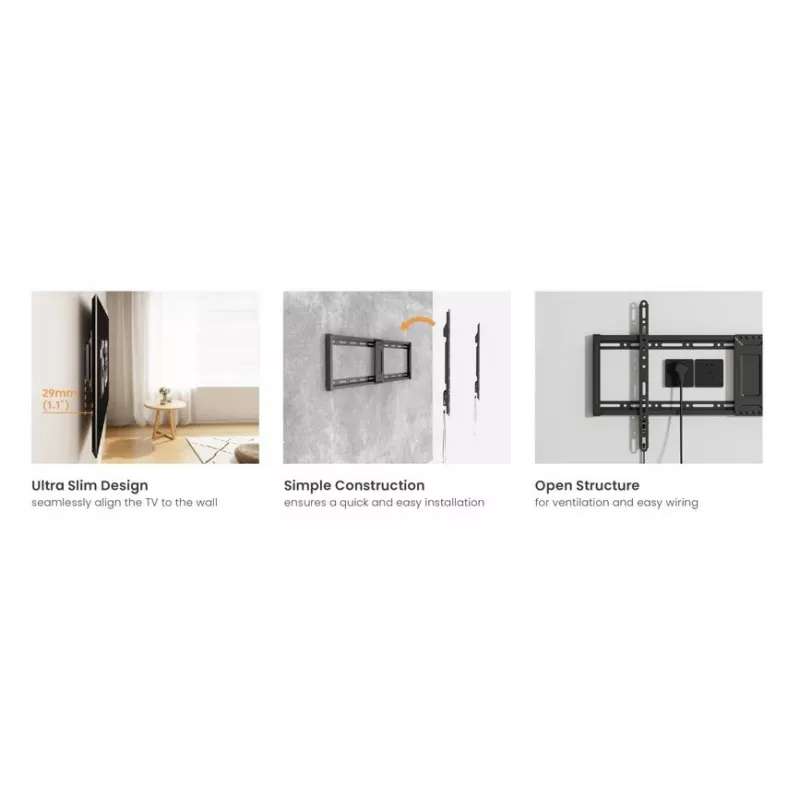 Fiksēts plāns televizora sienas stiprinājuma kronšteins EQUIP 43 collu–95 collu ekrāniem, VESA 200×200–800×400, maksimālā slodze 75 kg, melns