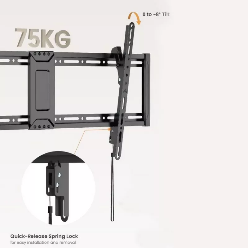 TV sienas stiprinājuma kronšteins EQUIP 43 collas–95 collas, noliecams, plāns, 75 kg televizoriem, VESA 200x200–800x400, noliece 0–8°, 4,2 cm attālums, melns