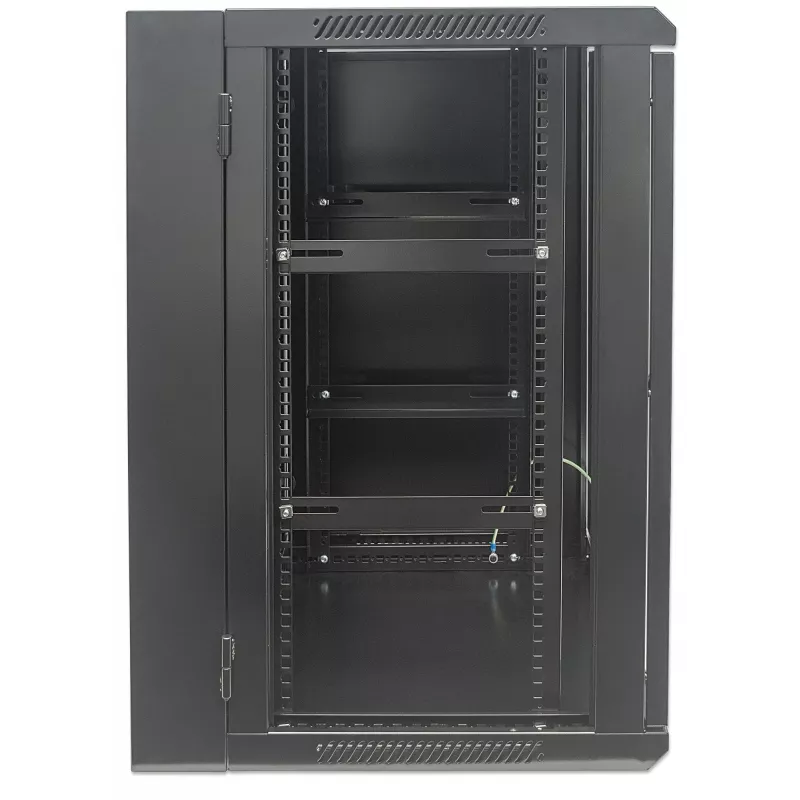 Intellinet 19 collu tīkla skapis – sienas stiprinājums (divu sekciju verama izvēršanās), 15U, 550 mm dziļš, melns, samontēts, maks. 30 kg, izveras, lai piekļūtu skapja aizmugurei, kad uzstādīts pie sienas, 19 collas, lietojamais dziļums 425 mm, sienas montāžas daļas nav iekļautas