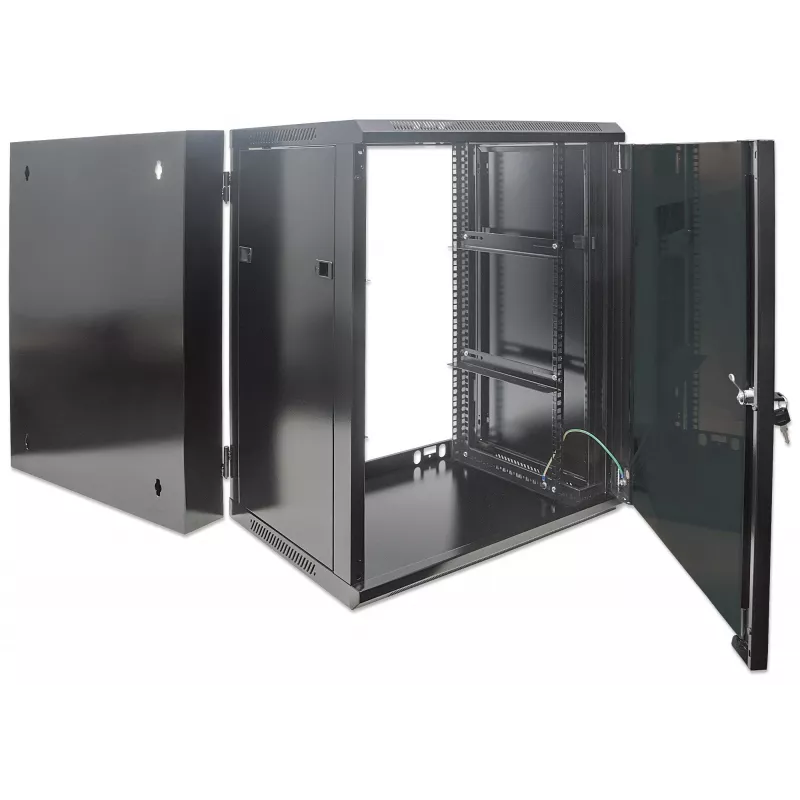 Intellinet 19 collu tīkla skapis – sienas stiprinājums (divu sekciju verama izvēršanās), 15U, 550 mm dziļš, melns, samontēts, maks. 30 kg, izveras, lai piekļūtu skapja aizmugurei, kad uzstādīts pie sienas, 19 collas, lietojamais dziļums 425 mm, sienas montāžas daļas nav iekļautas