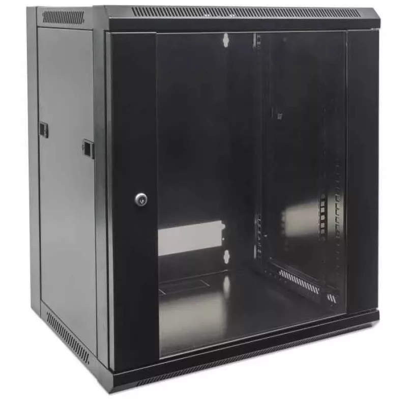 Intellinet 19 collu tīkla skapis - sienas stiprinājums (standarta), 15U, 600 mm dziļš, melns, plakanā iepakojumā, maks. 60 kg, metāla un stikla durvis, aizmugurējais panelis, noņemamas malas, piemērots arī lietošanai uz galda vai grīdas, lietderīgais dziļums 410 mm, daļas sienas uzstādīšanai nav iekļautas