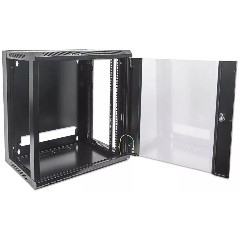 Intellinet 19 collu tīkla skapis - sienas stiprinājums (standarta), 15U, 600 mm dziļš, melns, plakanā iepakojumā, maks. 60 kg, metāla un stikla durvis, aizmugurējais panelis, noņemamas malas, piemērots arī lietošanai uz galda vai grīdas, lietderīgais dziļums 410 mm, daļas sienas uzstādīšanai nav iekļautas