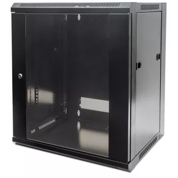 Intellinet 19 collu tīkla skapis – Sienas stiprinājums (Standarta), 9U, 450 mm dziļš, melns, plakanā iepakojumā, maks. 60 kg, piemērots arī lietošanai uz galda vai grīdas, izmantojamais dziļums 270 mm līdz 350 mm, metāla un stikla durvis, aizmugurējais panelis, noņemamas malas, detaļas sienas uzstādīšanai nav iekļautas