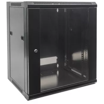 Intellinet 19 collu tīkla skapis – Sienas stiprinājums (Standarta), 9U, 450 mm dziļš, melns, plakanā iepakojumā, maks. 60 kg, piemērots arī lietošanai uz galda vai grīdas, izmantojamais dziļums 270 mm līdz 350 mm, metāla un stikla durvis, aizmugurējais panelis, noņemamas malas, detaļas sienas uzstādīšanai nav iekļautas