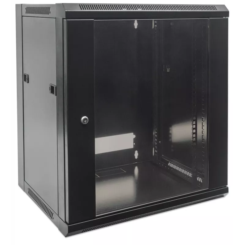 Intellinet 19 collu tīkla skapis - sienas stiprinājuma (standarta), 15U, 450mm dziļš, melns, saliekams, maks. 60kg, metāla un stikla durvis, aizmugurējais panelis, noņemamas sānu malas, piemērots arī lietošanai uz galda vai grīdas, izmantojamais dziļums n