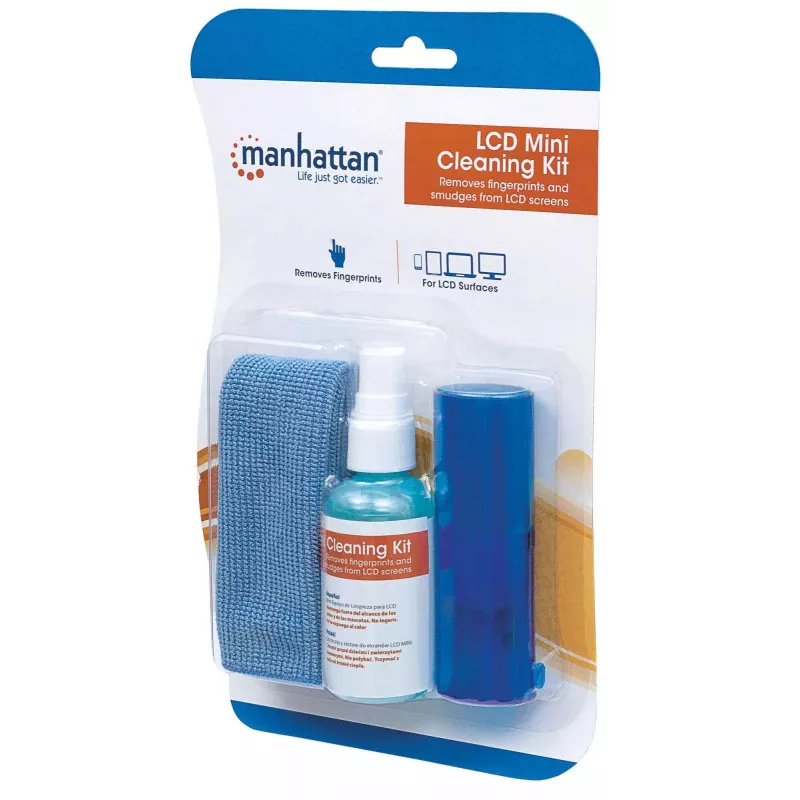 Manhattan LCD tīrīšanas komplekts (mini), bez spirta, ietver tīrīšanas šķīdumu (60 ml), suku un mikrošķiedras drāniņu, ideāli piemērots monitoriem/klēpjdatoriem/tastatūrām utt., trīs gadu garantija
