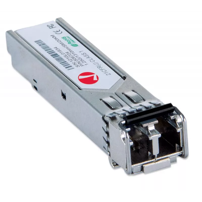 Intellinet raiduztvērēja modulis optiskais, Gigabit Fiber SFP Mini-GBIC, 1000Base-Lx (LC) vienmoda ports, 20 km, viļņa garums 1310 nm, Ethernet, šķiedra, MSA saderīgs, ekvivalents Cisco GLC-LH-SM, trīs gadu garantija