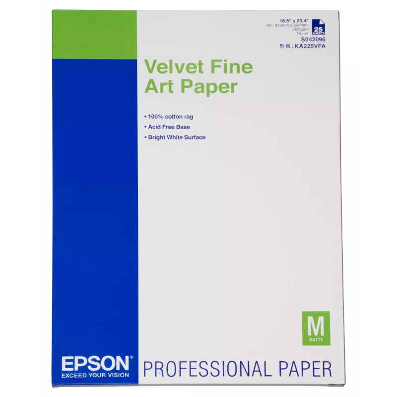 Epson Velvet Fine Art Paper, DIN A2, 260 g/m², 25 loksnes, 42 cm, matēts, 480 µm, 260 g/m²