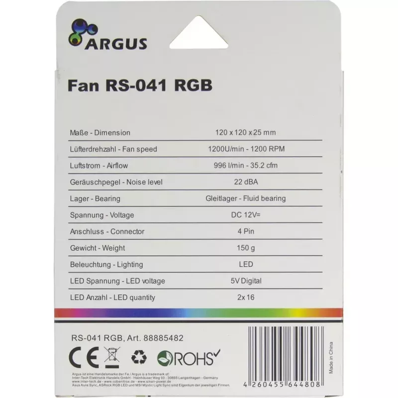 Ventilators Inter-Tech RS-041 RGB 12 cm melns