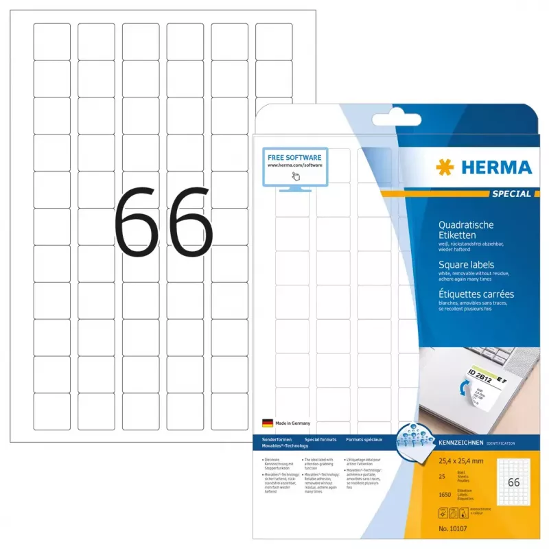 Pašlīmējošās uzlīmes HERMA Removable A4 25,4x25,4 mm 1650 gab.