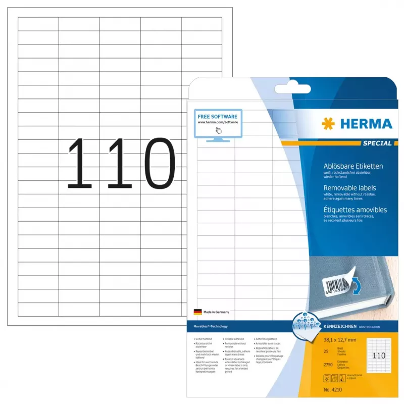 Pašlīmējošā printera etiķete HERMA Noņemamās etiķetes A4 38.1x12.7 mm