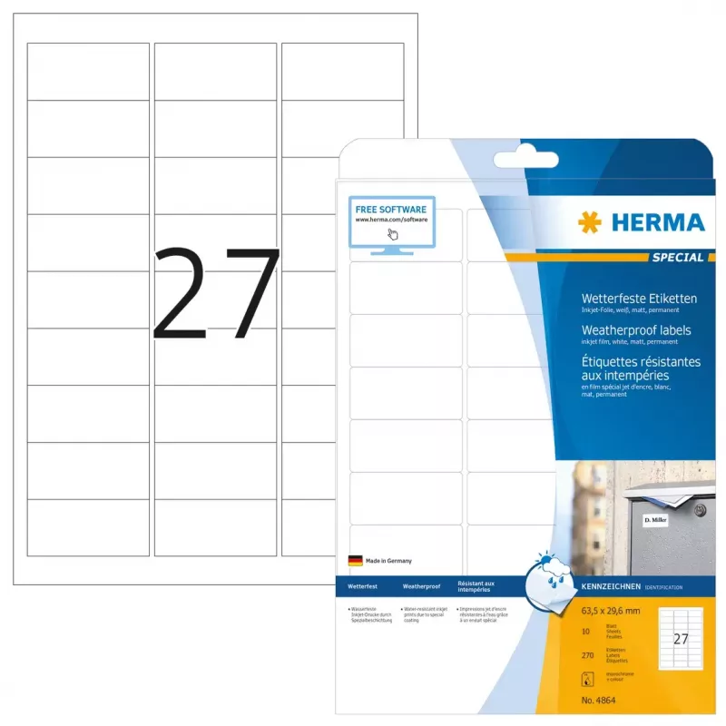 Inkjet labels HERMA A4 63.5x29.6 mm balta film matt weatherproof 270 pcs