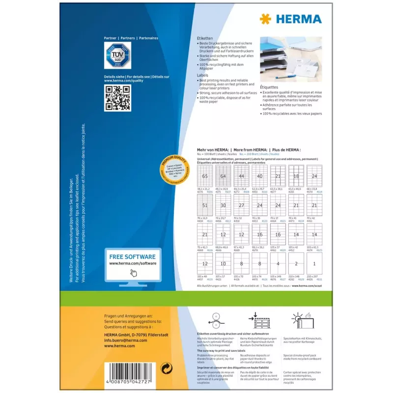 Pašlīmējošā printera etiķete HERMA Labels Premium A4 48.3x25.4 mm