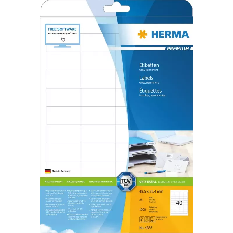 Pašlīmējošā printera uzlīme HERMA Labels Premium A4 48.5x25.4 mm