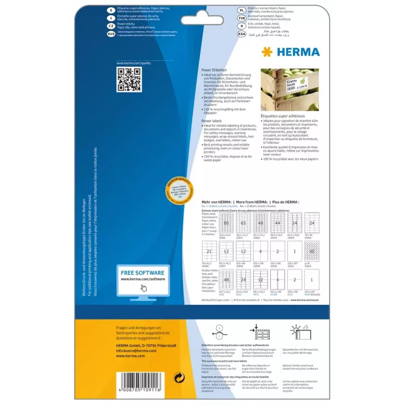 Pašlīmējošas printera etiķetes HERMA Labels A4 210x297 mm baltas īpaši stipra adhēzija papīrs matēts 25 gab.