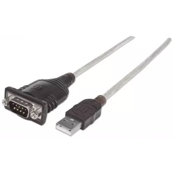 Manhattan USB-A uz seriālo pārveidotāja kabelis, 1,8 m, vīrišķais uz vīrišķo, Serial/RS232/COM/DB9, Prolific PL-2303RA mikroshēma, melns/sudraba kabelis, trīs gadu garantija
