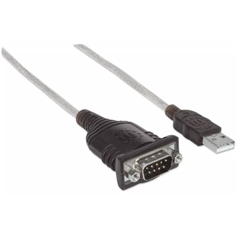 Manhattan USB-A uz seriālo pārveidotāja kabelis, 1,8 m, vīrišķais uz vīrišķo, Serial/RS232/COM/DB9, Prolific PL-2303RA mikroshēma, melns/sudraba kabelis, trīs gadu garantija