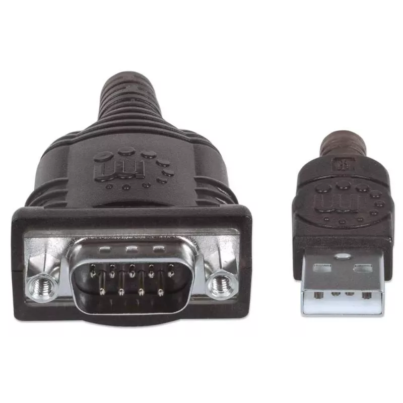 Manhattan USB-A uz seriālo pārveidotāja kabelis, 1,8 m, vīrišķais uz vīrišķo, Serial/RS232/COM/DB9, Prolific PL-2303RA mikroshēma, melns/sudraba kabelis, trīs gadu garantija
