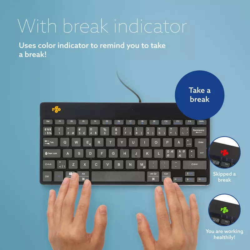 R-Go Tools Ergonomiskā tastatūra R-Go Compact Break, kompakta tastatūra ar pārtraukumu programmatūru, QWERTY (Ziemeļvalstu), vadu, melna