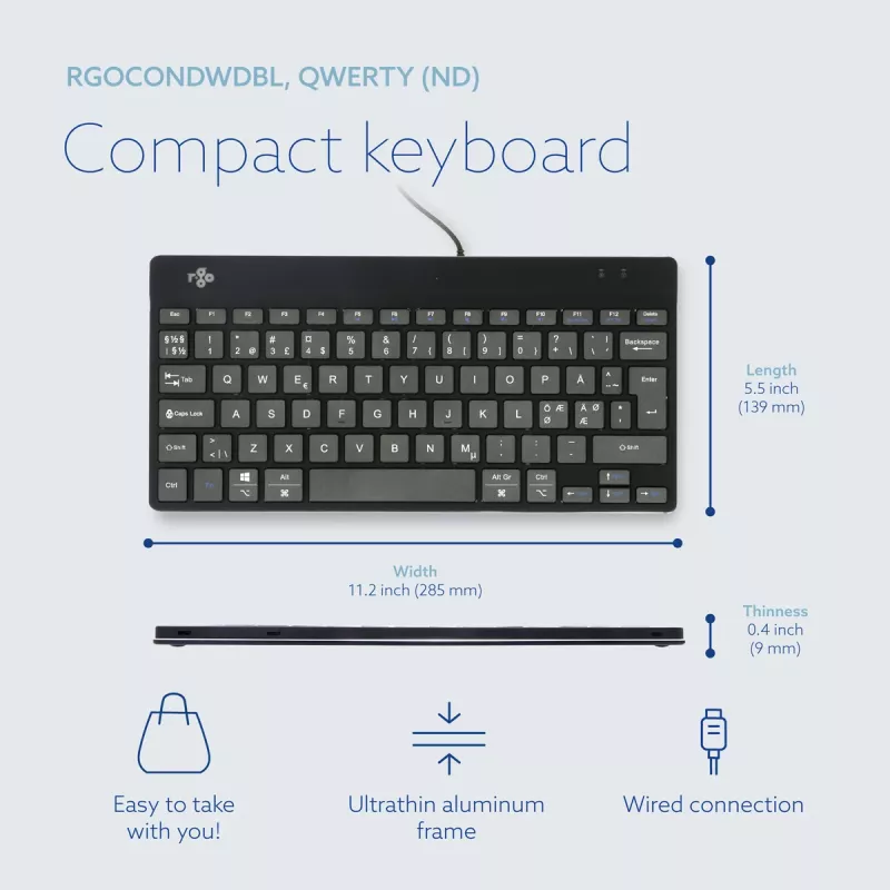 R-Go Tools Ergonomiskā tastatūra R-Go Compact Break, kompakta tastatūra ar pārtraukumu programmatūru, QWERTY (Ziemeļvalstu), vadu, melna