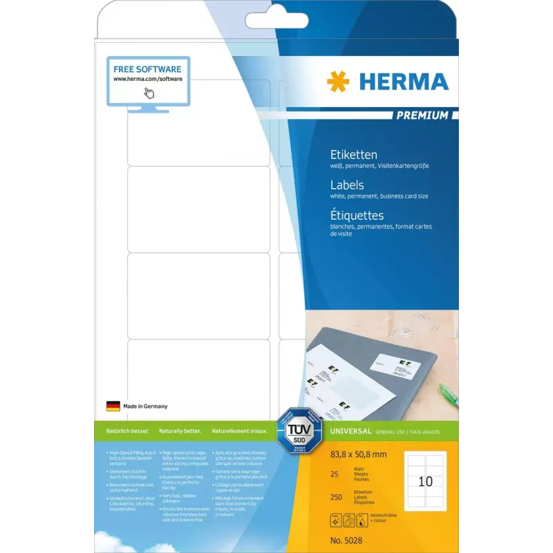 Pašlīmējošās printera etiķetes HERMA Labels Premium A4 83,8x50,8 mm