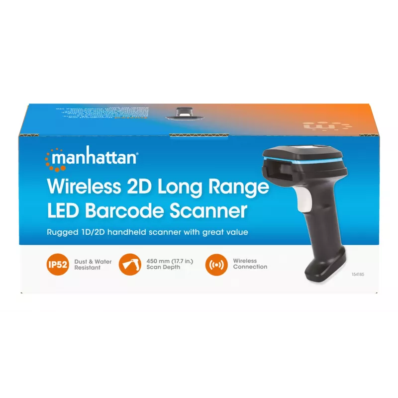 Manhattan Wireless 2D rokas svītrkodu skeneris, 250 mm skenēšanas dziļums, līdz 80 m efektīvais diapazons (tiešā redzamībā), maks. apkārtējās gaismas intensitāte 100 000 luksi (saules gaisma), melns, lādēšanas kabelis (USB-A uz USB-C ierīcei) 1 m iekļauts, trīs gadu garantija
