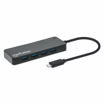 Manhattan USB-C dokstacija/cents, pieslēgvietas (x7): USB-A (x7), 5 Gbps (USB 3.2 Gen1 jeb USB 3.0), nav nepieciešams ārējs barošanas avots, universāls visām ierīcēm, kabelis 15 cm, SuperSpeed USB, melns, trīs gadu garantija