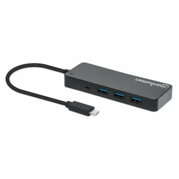 Manhattan USB-C dokstacija/cents, pieslēgvietas (x7): USB-A (x7), 5 Gbps (USB 3.2 Gen1 jeb USB 3.0), nav nepieciešams ārējs barošanas avots, universāls visām ierīcēm, kabelis 15 cm, SuperSpeed USB, melns, trīs gadu garantija