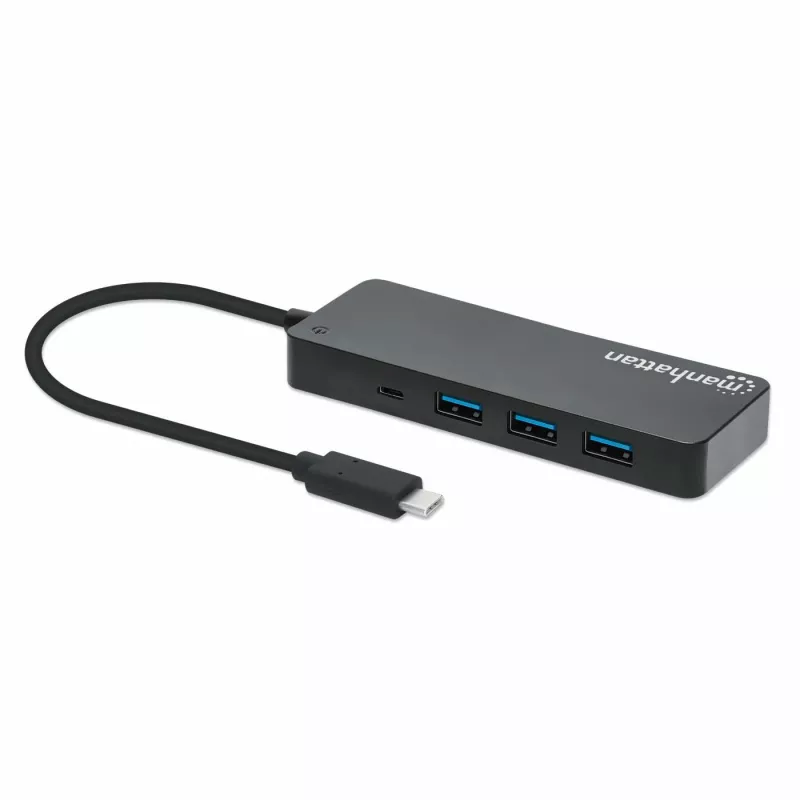 Manhattan USB-C dokstacija/cents, pieslēgvietas (x7): USB-A (x7), 5 Gbps (USB 3.2 Gen1 jeb USB 3.0), nav nepieciešams ārējs barošanas avots, universāls visām ierīcēm, kabelis 15 cm, SuperSpeed USB, melns, trīs gadu garantija