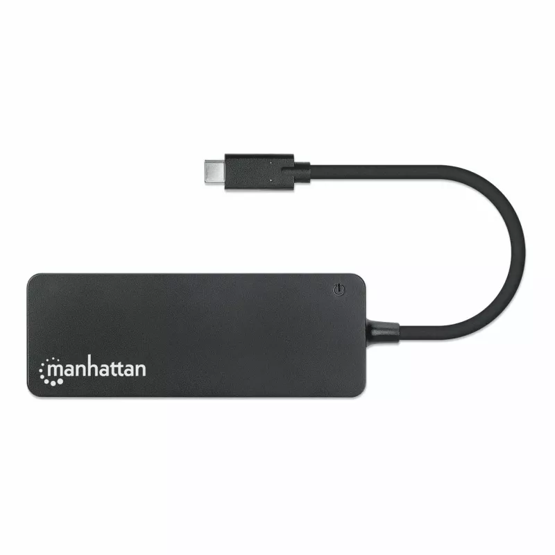 Manhattan USB-C dokstacija/cents, pieslēgvietas (x7): USB-A (x7), 5 Gbps (USB 3.2 Gen1 jeb USB 3.0), nav nepieciešams ārējs barošanas avots, universāls visām ierīcēm, kabelis 15 cm, SuperSpeed USB, melns, trīs gadu garantija