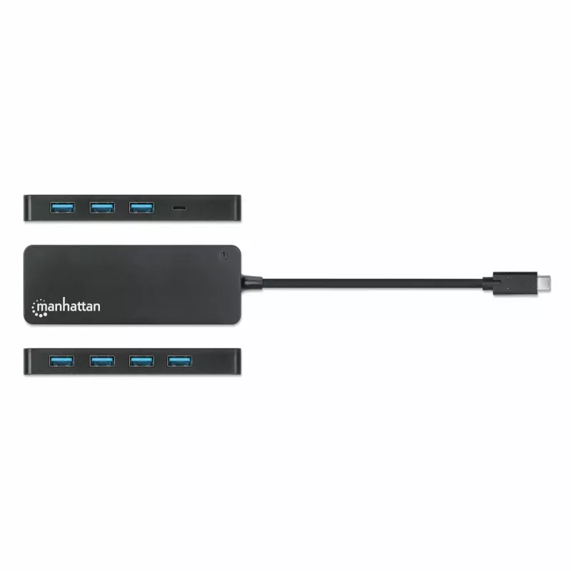 Manhattan USB-C dokstacija/cents, pieslēgvietas (x7): USB-A (x7), 5 Gbps (USB 3.2 Gen1 jeb USB 3.0), nav nepieciešams ārējs barošanas avots, universāls visām ierīcēm, kabelis 15 cm, SuperSpeed USB, melns, trīs gadu garantija