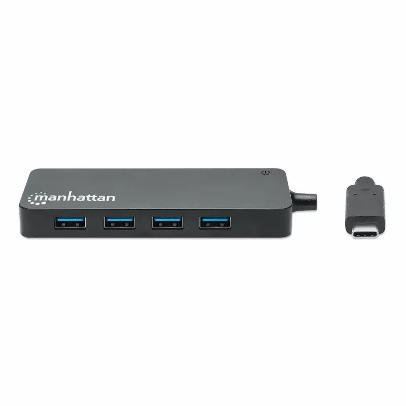 Manhattan USB-C dokstacija/cents, pieslēgvietas (x7): USB-A (x7), 5 Gbps (USB 3.2 Gen1 jeb USB 3.0), nav nepieciešams ārējs barošanas avots, universāls visām ierīcēm, kabelis 15 cm, SuperSpeed USB, melns, trīs gadu garantija