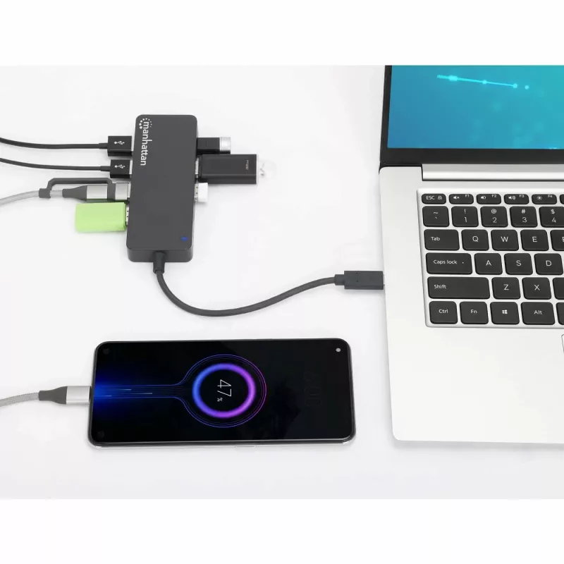Manhattan USB-C dokstacija/cents, pieslēgvietas (x7): USB-A (x7), 5 Gbps (USB 3.2 Gen1 jeb USB 3.0), nav nepieciešams ārējs barošanas avots, universāls visām ierīcēm, kabelis 15 cm, SuperSpeed USB, melns, trīs gadu garantija