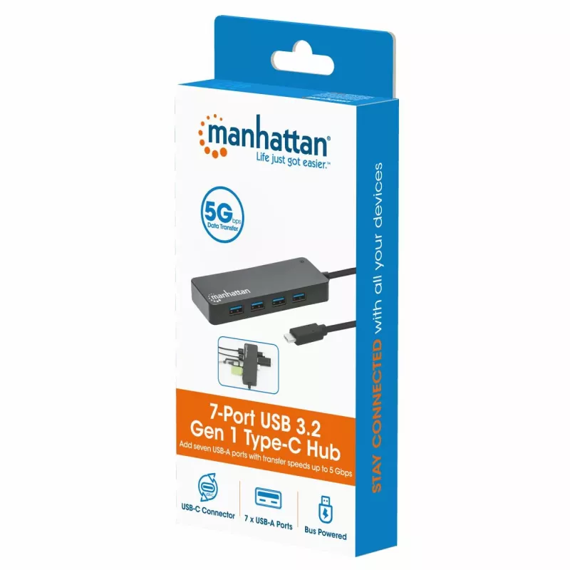 Manhattan USB-C dokstacija/cents, pieslēgvietas (x7): USB-A (x7), 5 Gbps (USB 3.2 Gen1 jeb USB 3.0), nav nepieciešams ārējs barošanas avots, universāls visām ierīcēm, kabelis 15 cm, SuperSpeed USB, melns, trīs gadu garantija