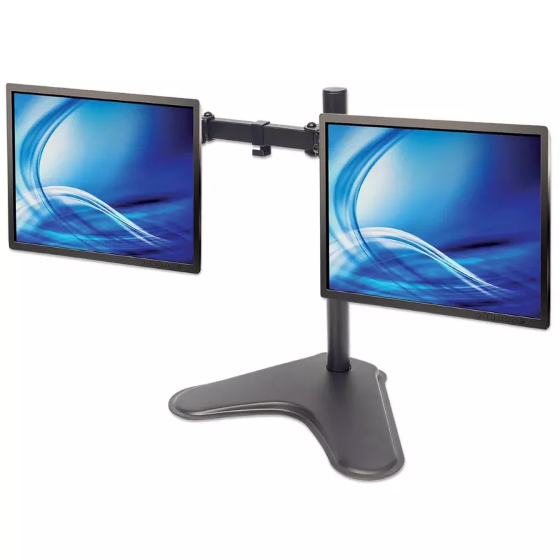 Manhattan Dual Desk Mount for TV & Monitors (Full Motion), statīva komplekts, Ekrāniem: 10-27 collas, VESA saderība: 75x75 un 100x100 mm - pārbaudiet četru montāžas caurumu izmērus ekrāna aizmugurē, lai nodrošinātu atbilstību, Maks. 8 kg (katram), Melns, Kronšteins