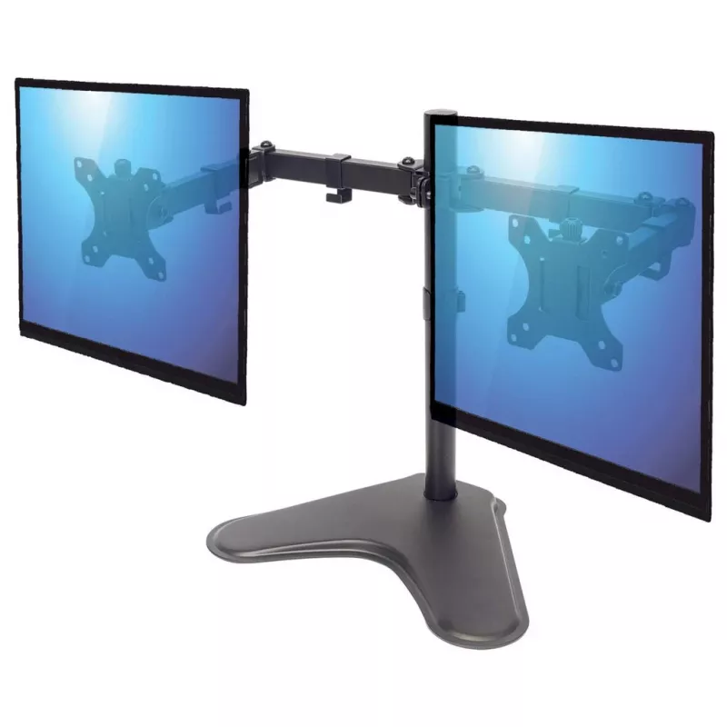 Manhattan Dual Desk Mount for TV & Monitors (Full Motion), statīva komplekts, Ekrāniem: 10-27 collas, VESA saderība: 75x75 un 100x100 mm - pārbaudiet četru montāžas caurumu izmērus ekrāna aizmugurē, lai nodrošinātu atbilstību, Maks. 8 kg (katram), Melns, Kronšteins