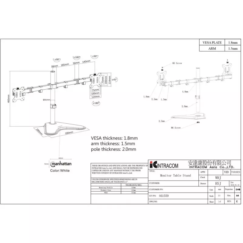Manhattan Dual Desk Mount for TV & Monitors (Full Motion), statīva komplekts, Ekrāniem: 10-27 collas, VESA saderība: 75x75 un 100x100 mm - pārbaudiet četru montāžas caurumu izmērus ekrāna aizmugurē, lai nodrošinātu atbilstību, Maks. 8 kg (katram), Melns, Kronšteins