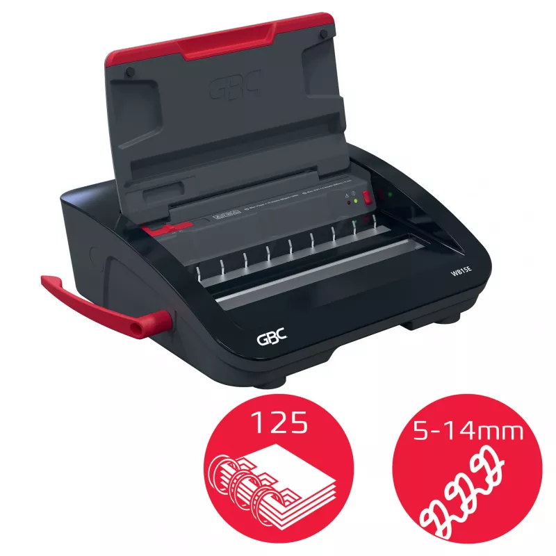 GBC WireBind® WB15E elektriskā iesiešanas iekārta, stiepļu iesiešanas iekārta, elektriska, 125 lapas, melna, sarkana