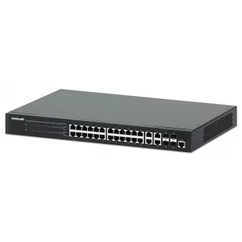 Intellinet 24-Port Gigabit Ethernet PoE+ Web-Managed Switch ar 4 Gigabit Combo Base-T/SFP portiem, IEEE 802.3at/af Power over Ethernet (PoE+/PoE) atbalsts, 370 W, Endspan, 19 inch statņu stiprinājums
