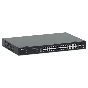 Intellinet 24-Port Gigabit Ethernet PoE+ Web-Managed Switch ar 4 Gigabit Combo Base-T/SFP portiem, IEEE 802.3at/af Power over Ethernet (PoE+/PoE) atbalsts, 370 W, Endspan, 19 inch statņu stiprinājums