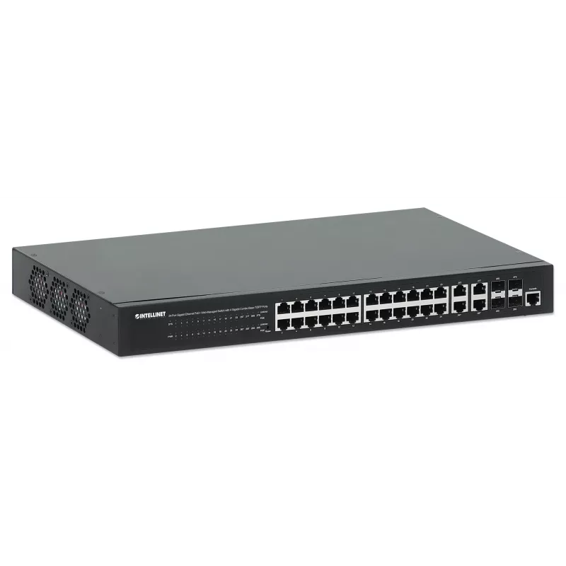 Intellinet 24-Port Gigabit Ethernet PoE+ Web-Managed Switch ar 4 Gigabit Combo Base-T/SFP portiem, IEEE 802.3at/af Power over Ethernet (PoE+/PoE) atbalsts, 370 W, Endspan, 19 inch statņu stiprinājums