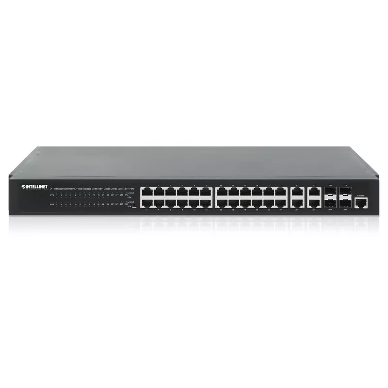 Intellinet 24-Port Gigabit Ethernet PoE+ Web-Managed Switch ar 4 Gigabit Combo Base-T/SFP portiem, IEEE 802.3at/af Power over Ethernet (PoE+/PoE) atbalsts, 370 W, Endspan, 19 inch statņu stiprinājums